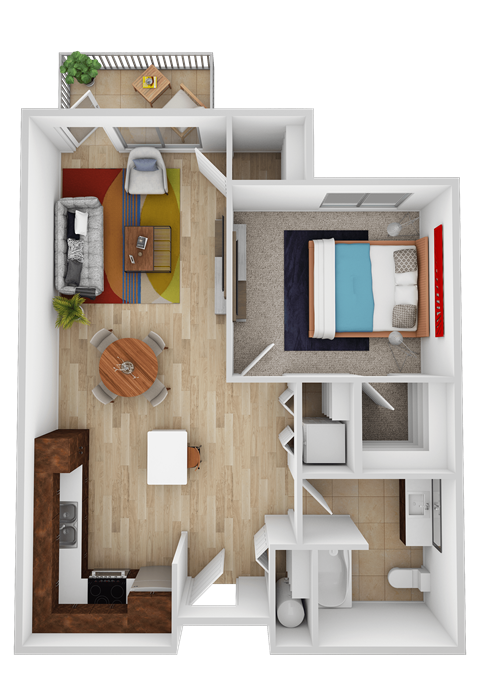 A top-down view of a small apartment with a living room, kitchen, and bedroom.